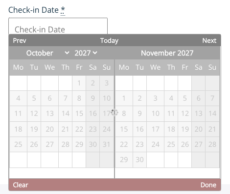 Screenshot of the Railway Inn booking calendar opening on October 2027 with every date greyed out